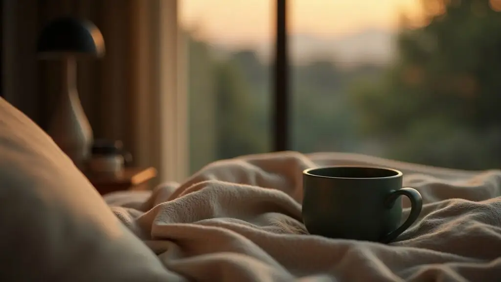 Caneca de cerâmica verde sobre a cama ao entardecer, magnésio para dormir e relaxar