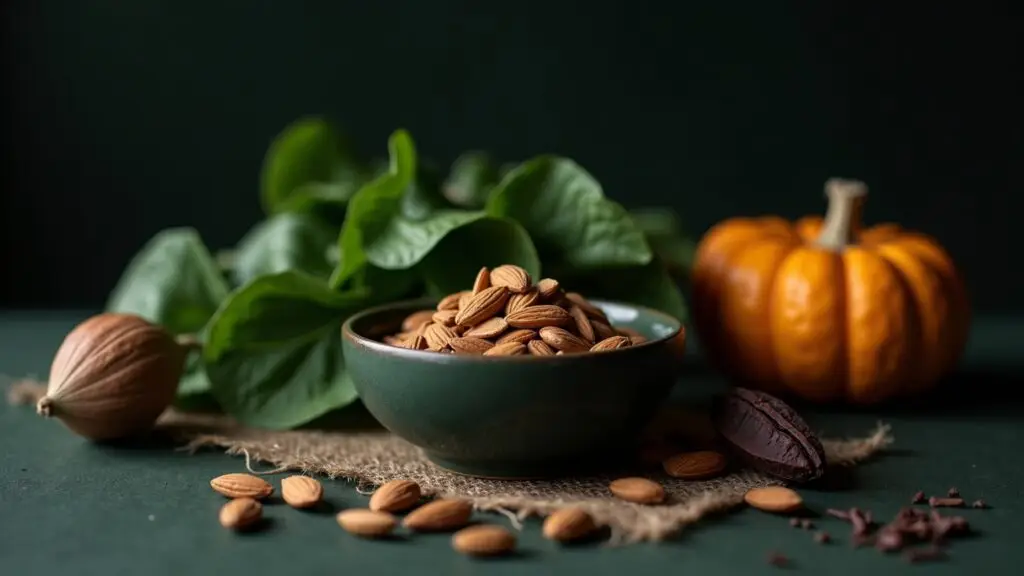 Alimentos fontes de magnésio — amêndoas, folhas verde-escuras e cacau em tigela de cerâmica