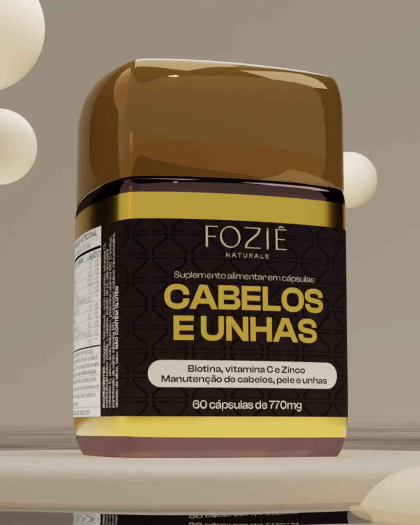 Suplemento para cabelos e unhas Foziê com biotina, pote com 60 cápsulas