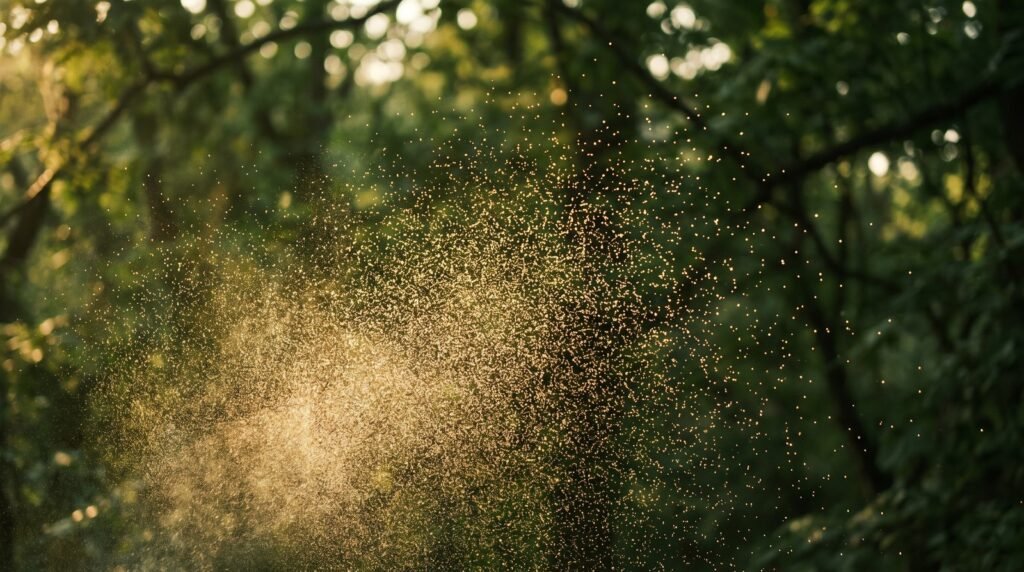 Névoa do body splash na luz de fim de tarde