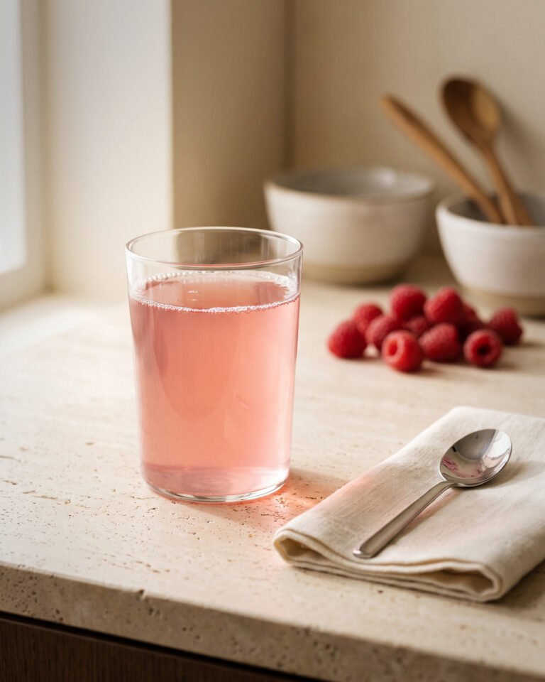 Copo com a creatina com colágeno já dissolvida, ao lado de uma colher e de framboesas