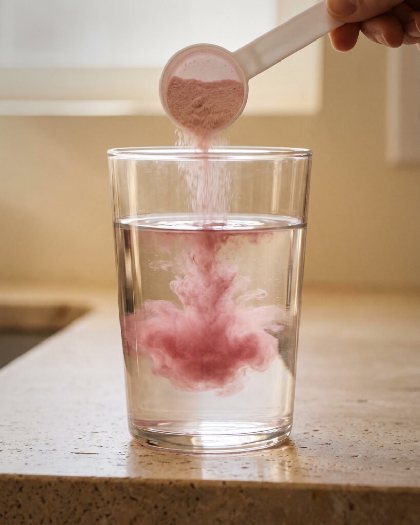 Pó da creatina com colágeno caindo do dosador num copo com água